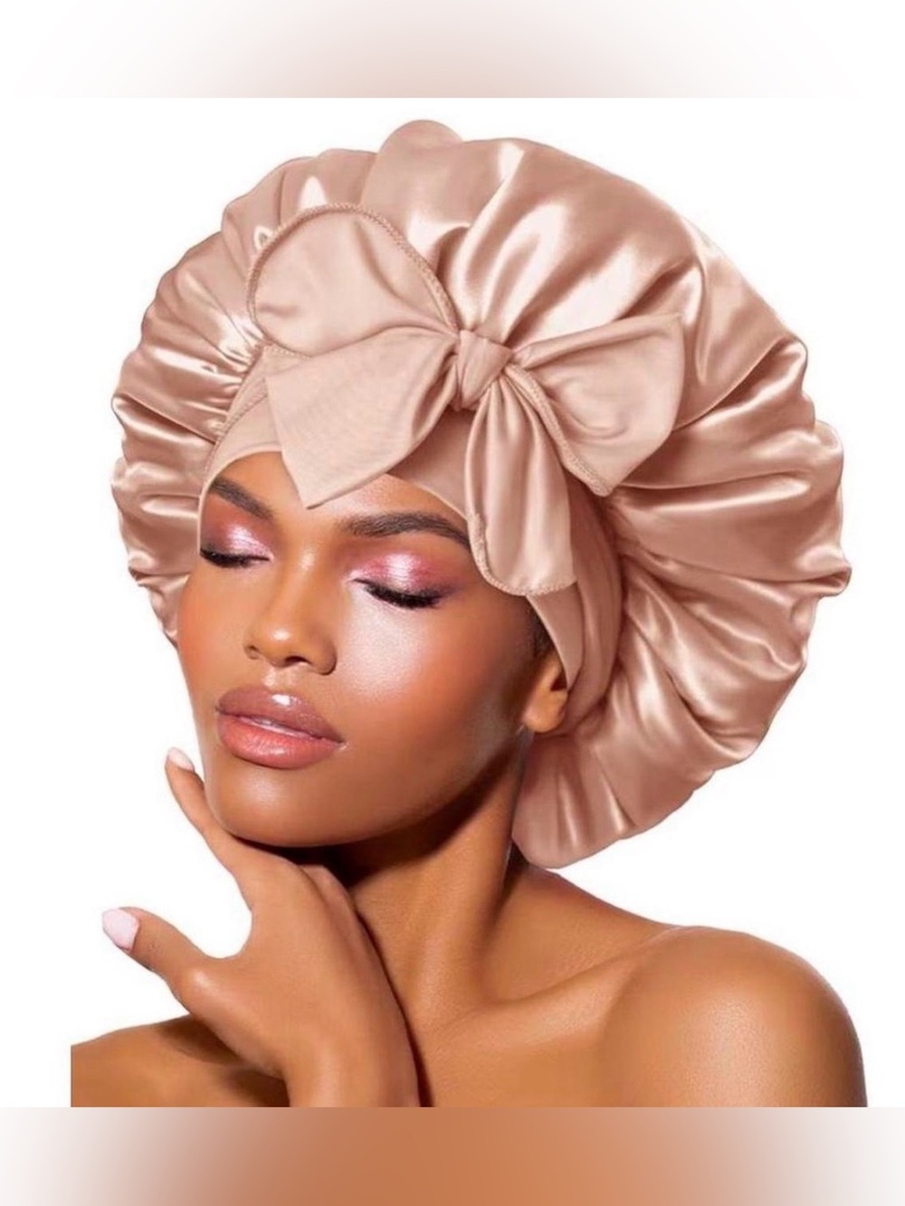 Satin Sleep Bonnet with Front Bow - Rose Gold Mauve Champagne Medium Large